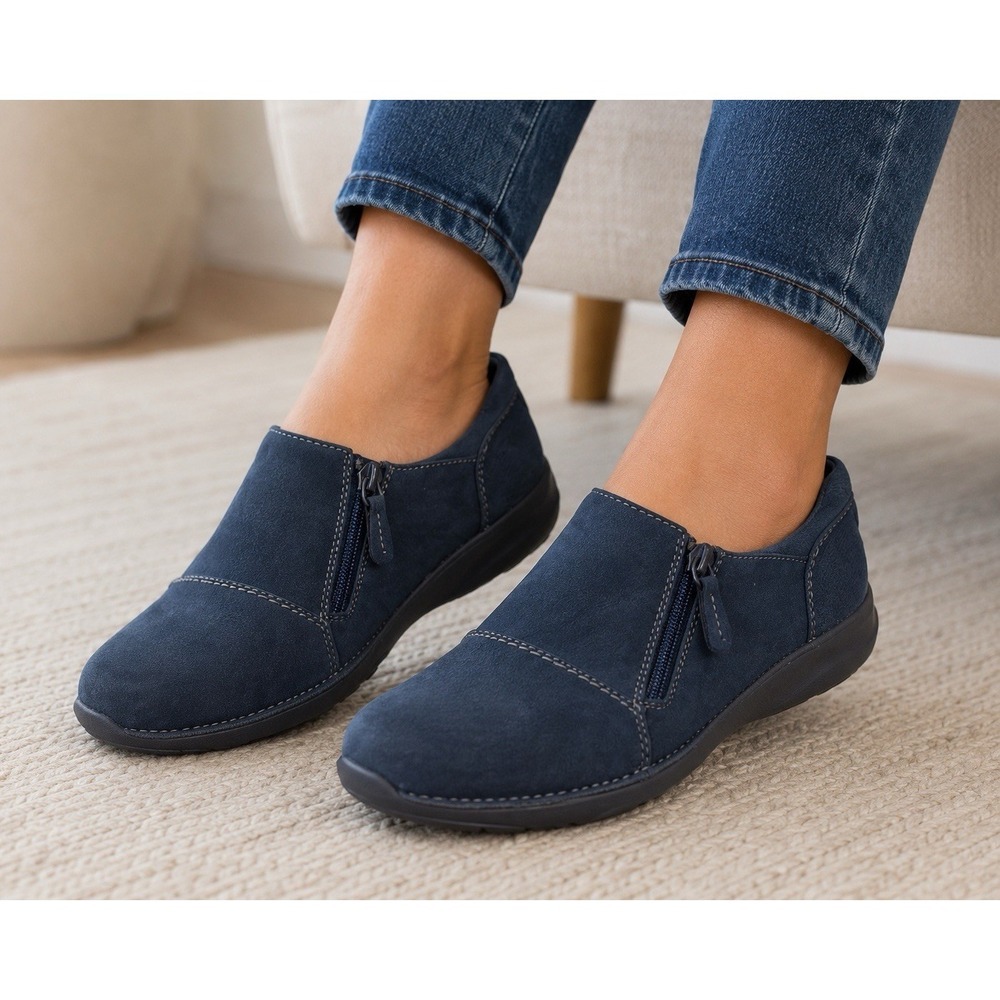 Clarks Unstructured Appley Zip Navy Nubuck Leather Comfort Loafers Womens 9M